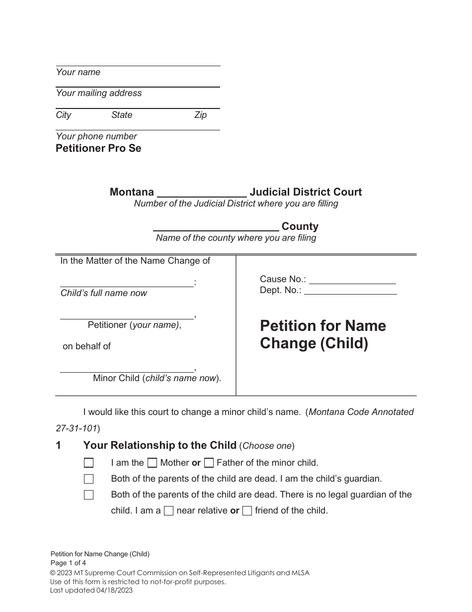 Montana Petition for Name Change (Child) - Fill Out, Sign Online and ...