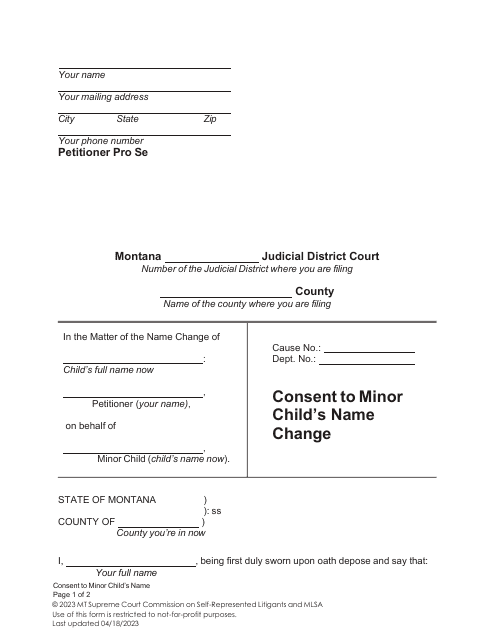 Consent to Minor Child's Name Change - Montana Download Pdf