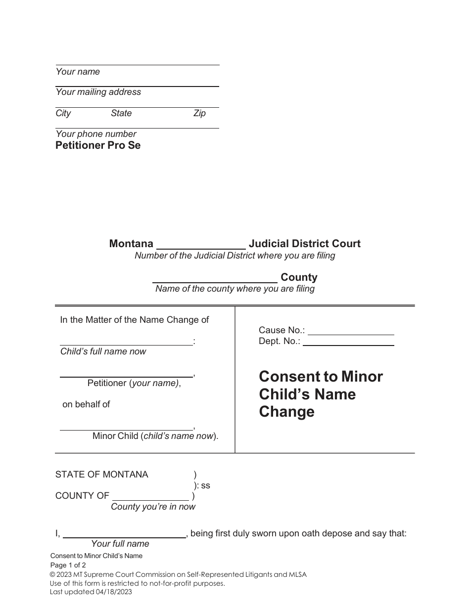 Consent to Minor Childs Name Change - Montana, Page 1