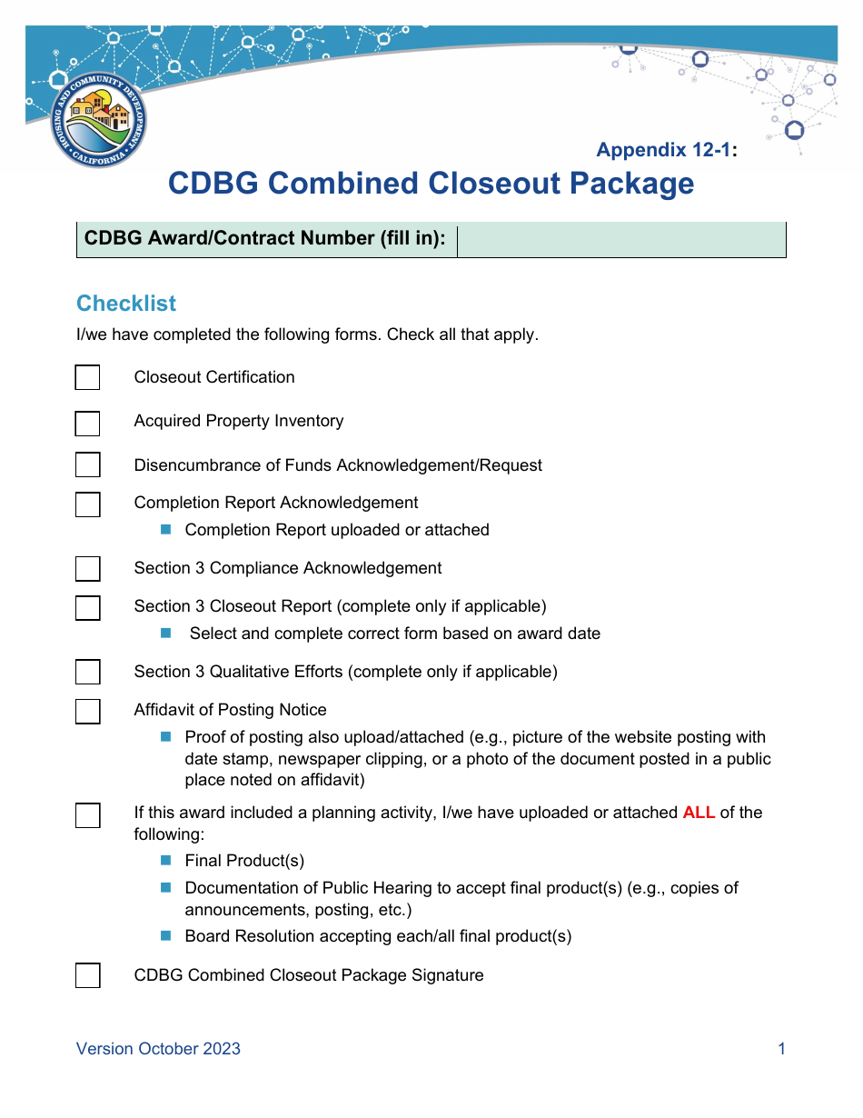 Appendix 12-1 Cdbg Combined Closeout Package - California, Page 1