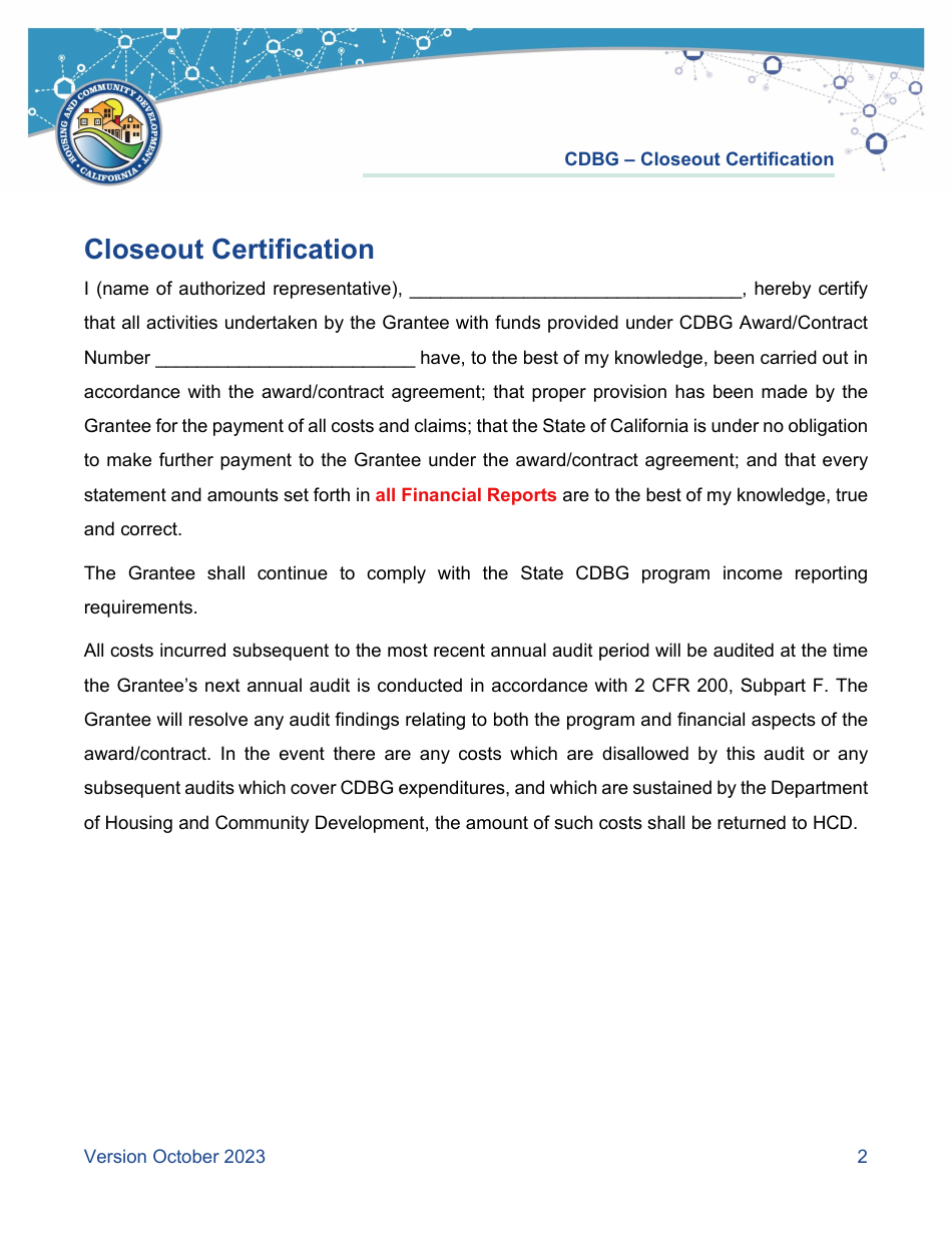 Appendix 12-1 Cdbg Combined Closeout Package - California, Page 2