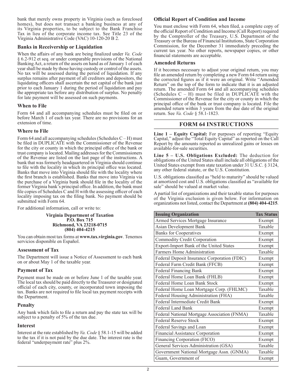 Form 64 Virginia Bank Franchise Tax Return - Virginia, Page 5