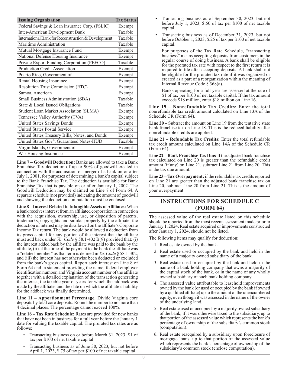Form 64 Virginia Bank Franchise Tax Return - Virginia, Page 6