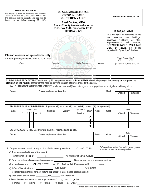 Agricultural Crop & Lease Questionnaire - County of Fresno, California Download Pdf