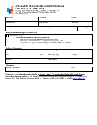 Document preview: Form SFN62185 Application for a School Health Technician Certificate of Completion - North Dakota