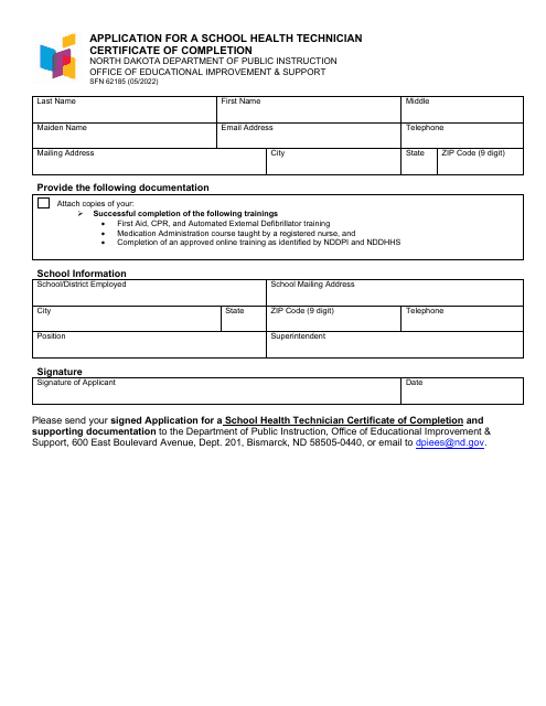 Form SFN62185 Application for a School Health Technician Certificate of Completion - North Dakota