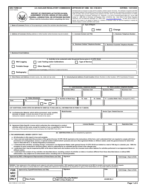 NRC Form 241 Report of Proposed Activities in Nonagreement States, Areas of Exclusive Federal Jurisdiction, or Offshore Waters