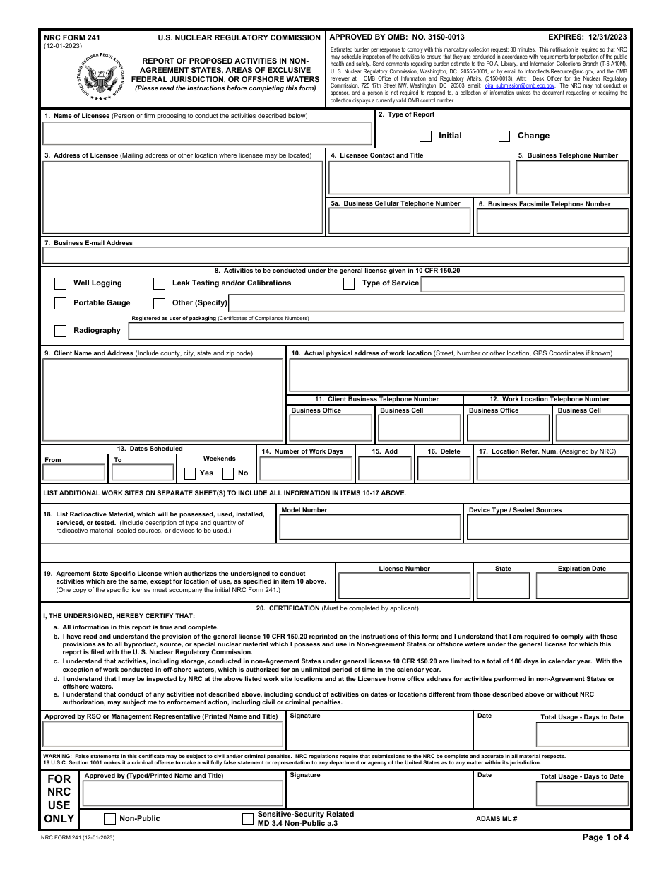 NRC Form 241 Download Fillable PDF or Fill Online Report of Proposed