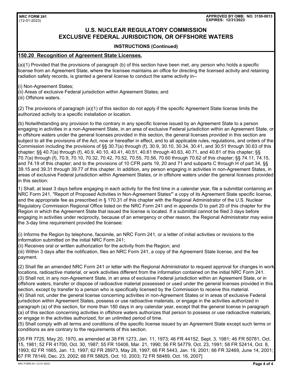 NRC Form 241 Report of Proposed Activities in Nonagreement States, Areas of Exclusive Federal Jurisdiction, or Offshore Waters, Page 4