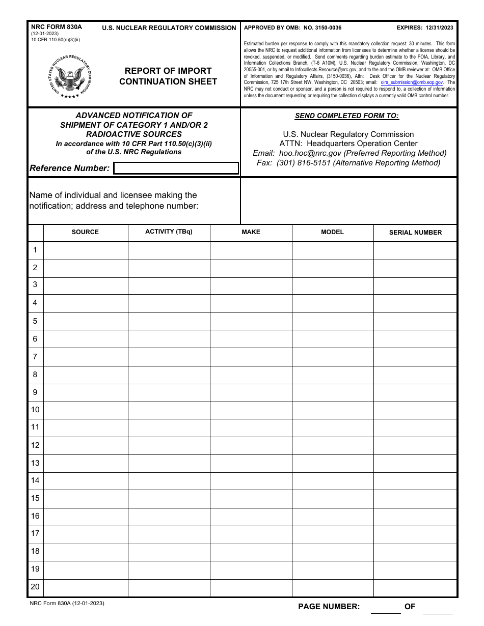 NRC Form 830A Report of Import Continuation Sheet, Page 1