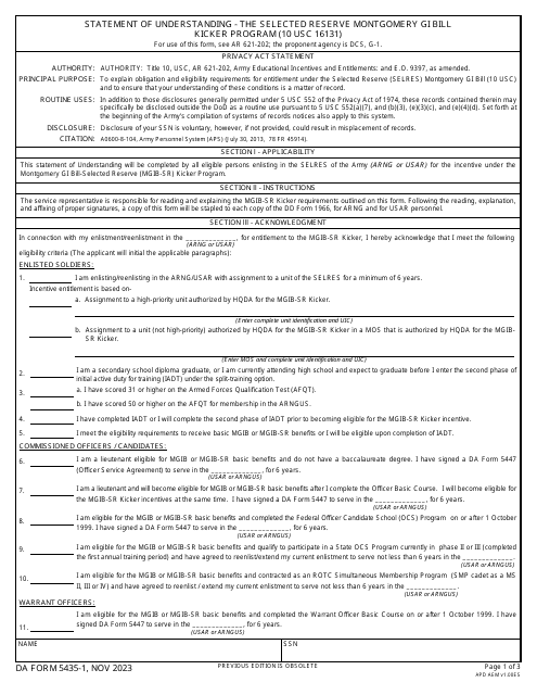 DA Form 5435-1 Statement of Understanding - the Selected Reserve Montgomery Gi Bill Kicker Program (10 Usc 16131)