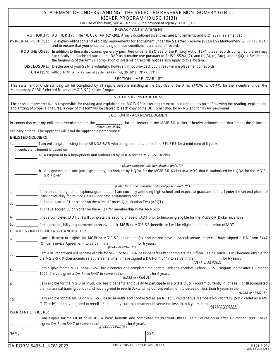 DA Form 5435-1 Statement of Understanding - the Selected Reserve Montgomery Gi Bill Kicker Program (10 Usc 16131), Page 1