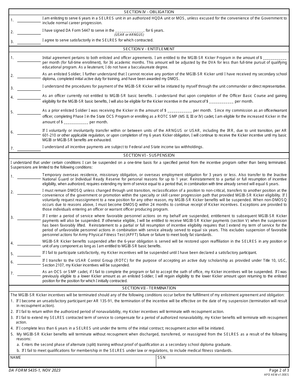 DA Form 5435-1 Statement of Understanding - the Selected Reserve Montgomery Gi Bill Kicker Program (10 Usc 16131), Page 2