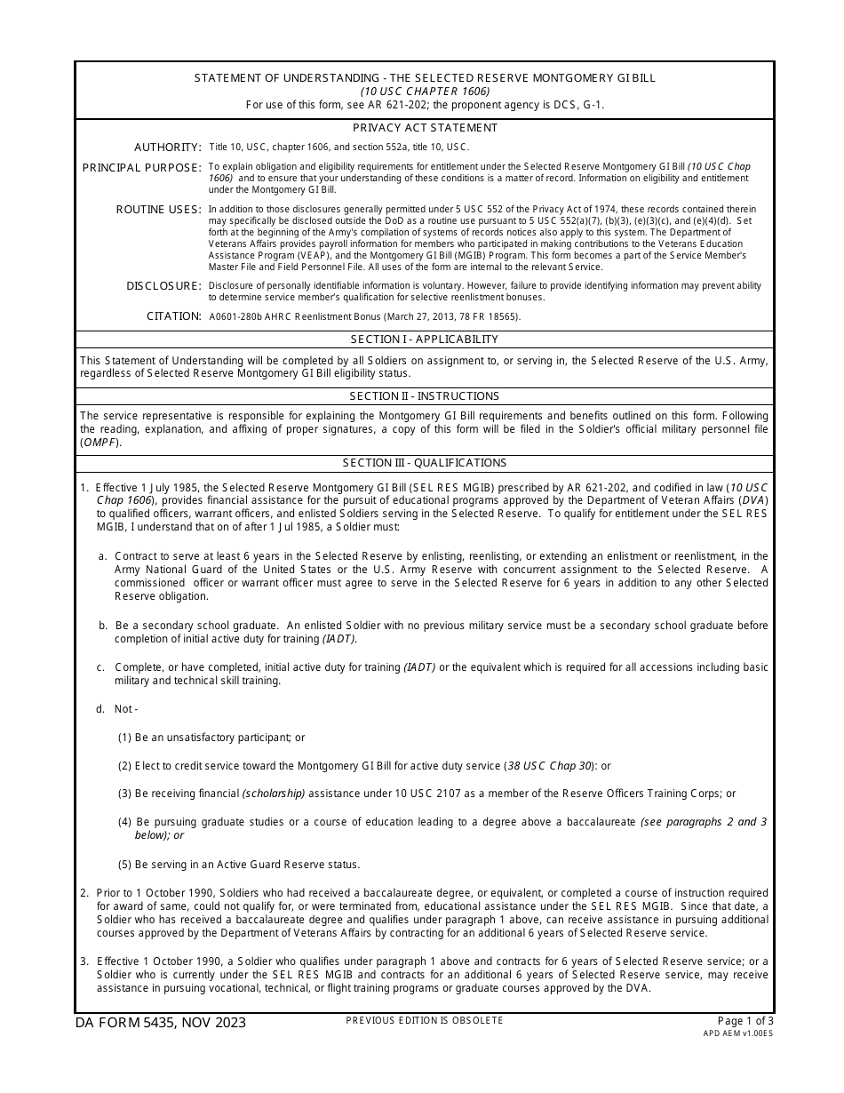 DA Form 5435 Statement of Understanding - the Selected Reserve Montgomery Gi Bill, Page 1
