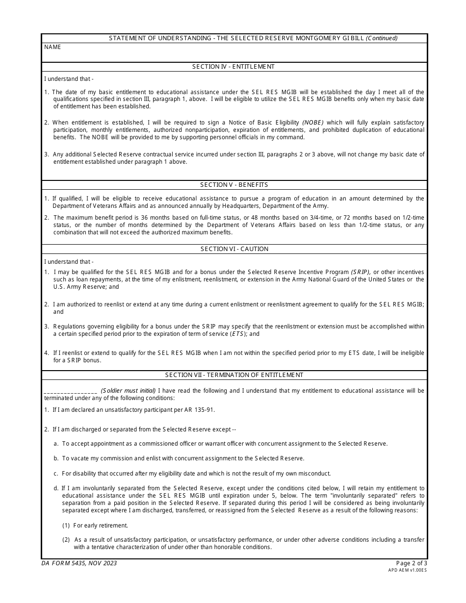 DA Form 5435 Statement of Understanding - the Selected Reserve Montgomery Gi Bill, Page 2