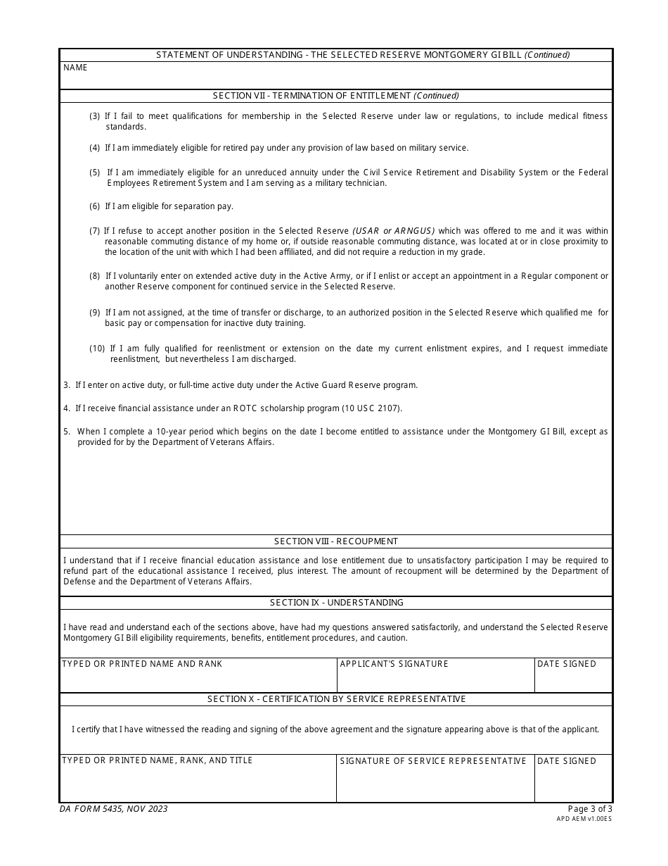 DA Form 5435 Statement of Understanding - the Selected Reserve Montgomery Gi Bill, Page 3