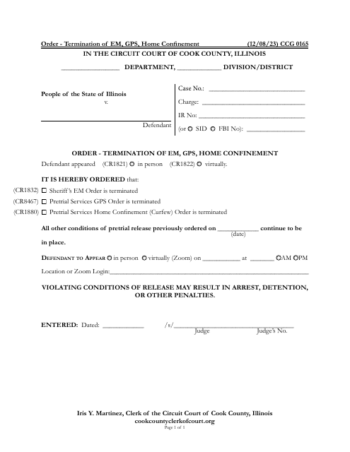 Form CCG0165 Order - Termination of Em, Gps, Home Confinement - Cook County, Illinois