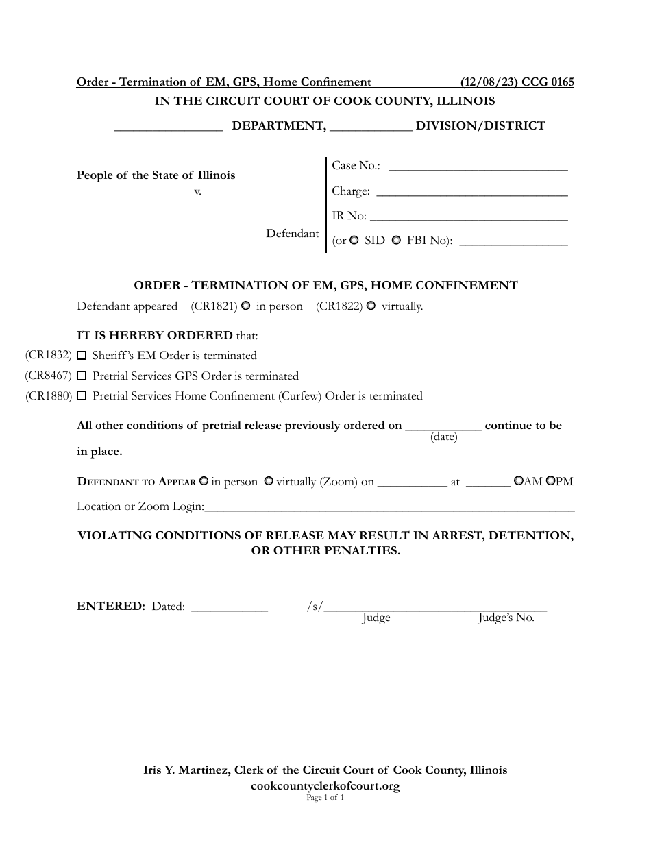 Form CCG0165 Order - Termination of Em, Gps, Home Confinement - Cook County, Illinois, Page 1