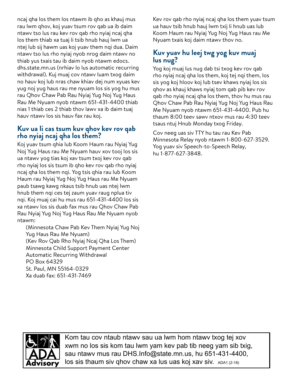 Form DHS-4117-HMN Automatic Recurring Withdrawal Authorization Form - Minnesota (Hmong), Page 2