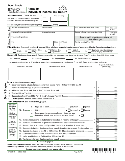 Form 40 (EFO00089) Individual Income Tax Return - Idaho, 2023