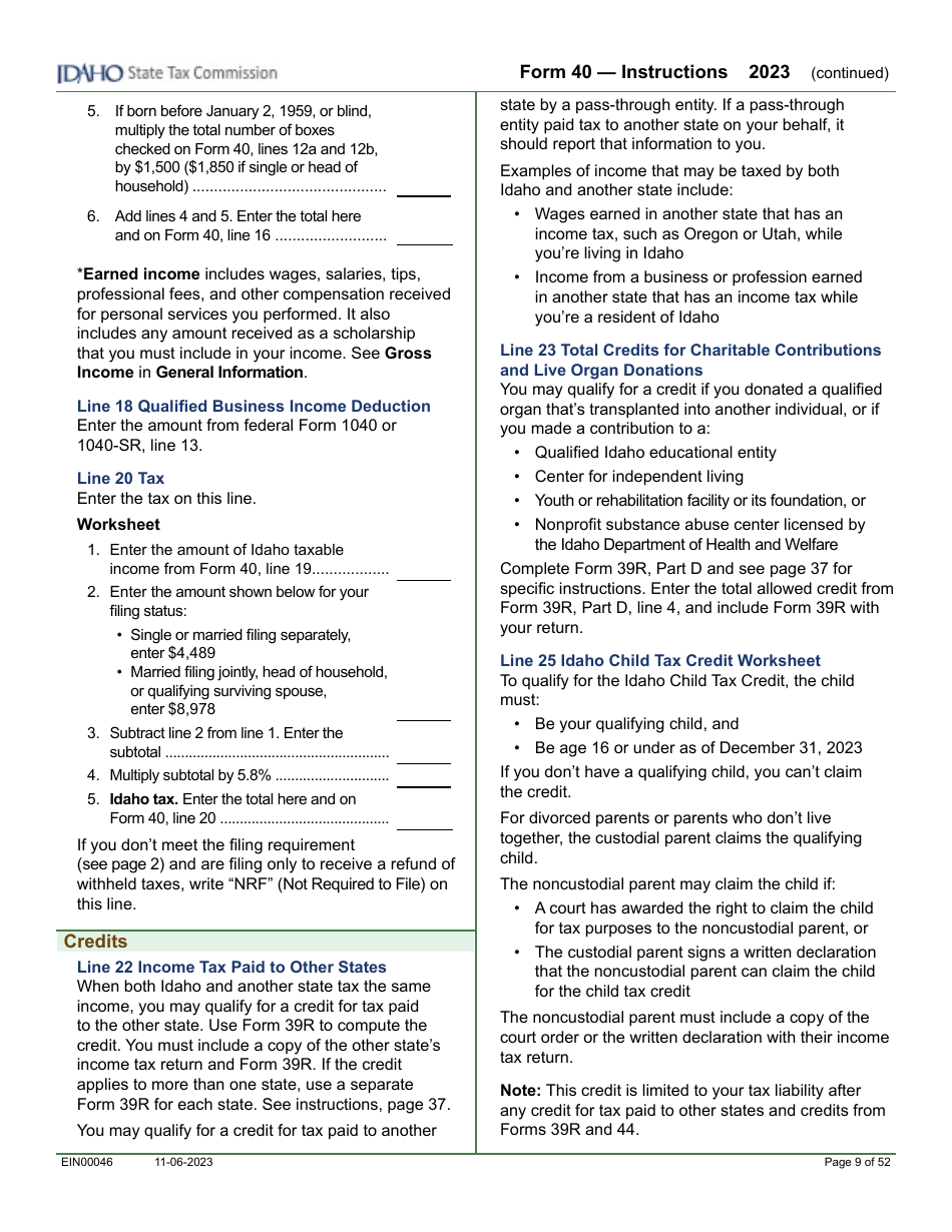 Form 40 (EFO00089) Individual Income Tax Return - Idaho, Page 5