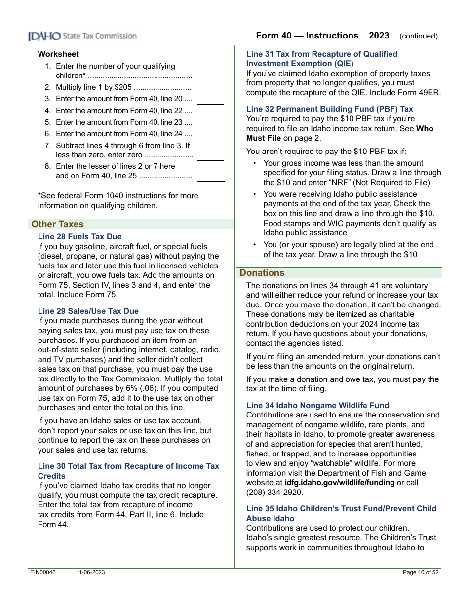 Form 40 (EFO00089) Individual Income Tax Return - Idaho, Page 6