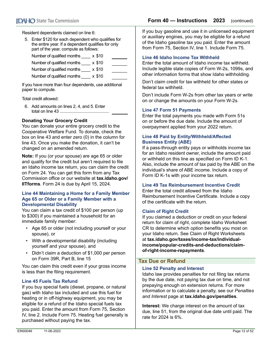 Form 40 (EFO00089) Individual Income Tax Return - Idaho, Page 8