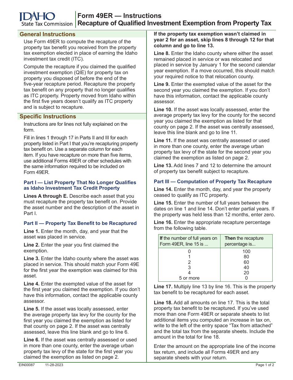 Form 49ER (EFO00032) Recapture of Qualified Investment Exemption From Property Tax - Idaho, Page 2