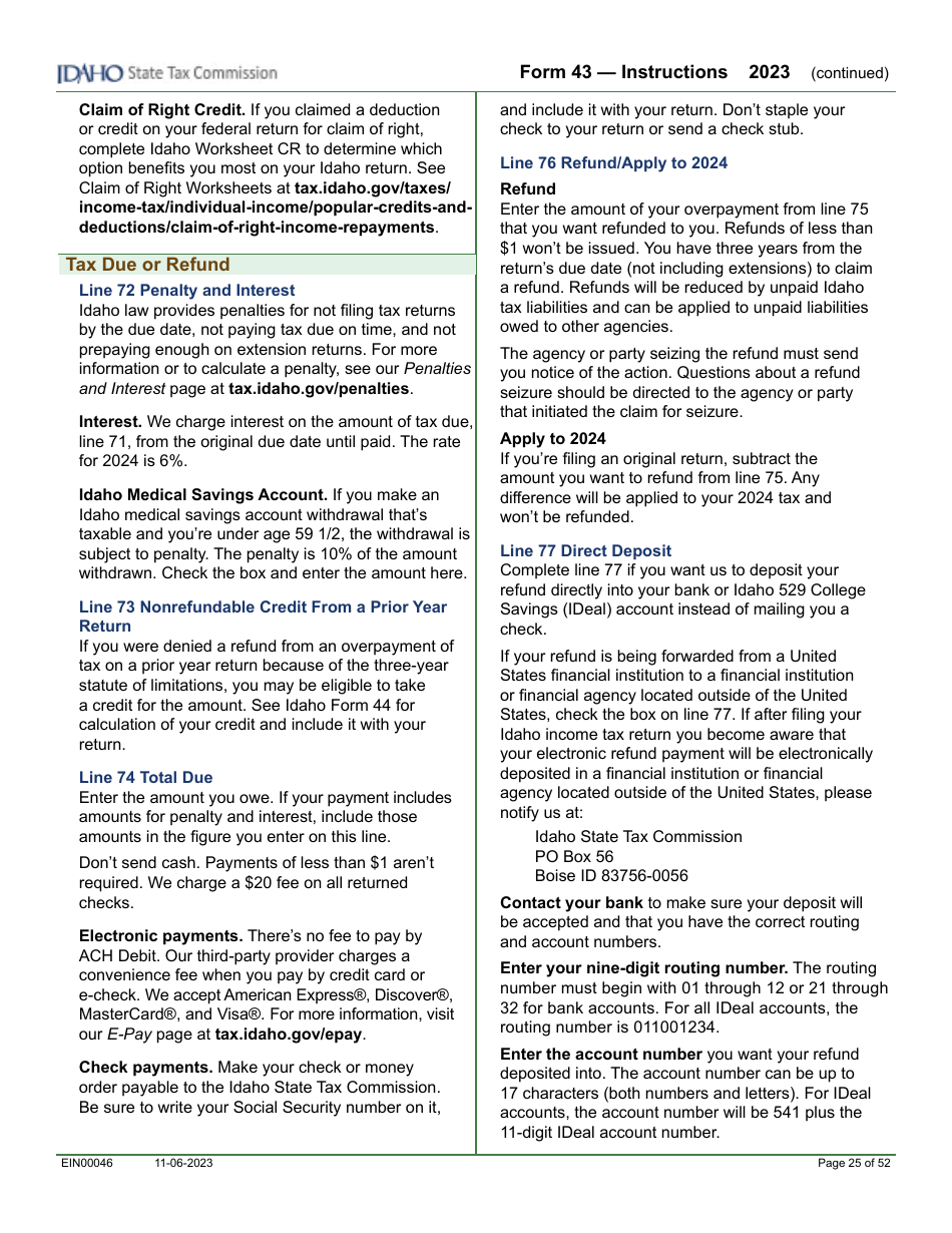 Form 43 (EFO00091) Part-Year Resident and Nonresident Income Tax Return - Idaho, Page 14