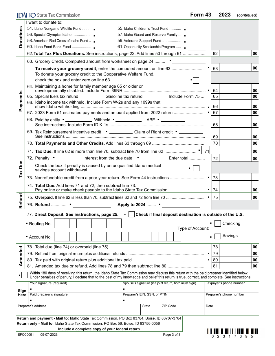 Form 43 (EFO00091) Part-Year Resident and Nonresident Income Tax Return - Idaho, Page 3