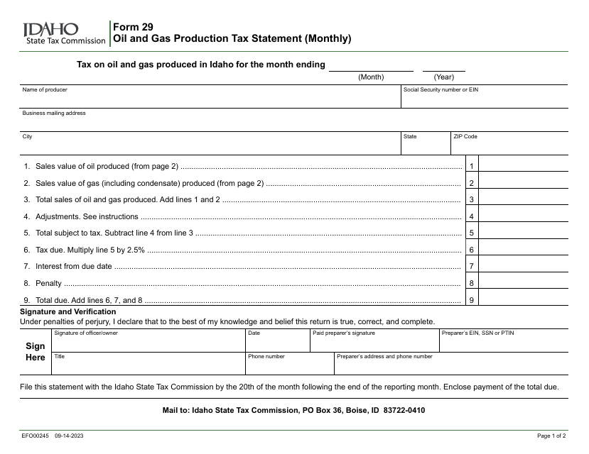 Form 29 (EFO00245) Oil and Gas Production Tax Statement (Monthly) - Idaho