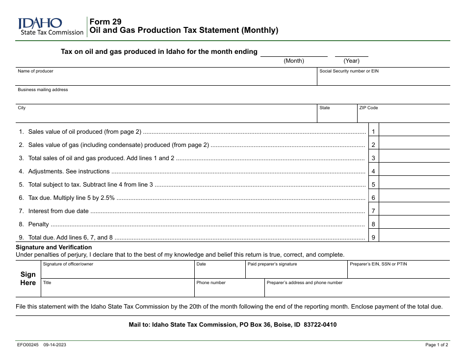 Form 29 (EFO00245) Oil and Gas Production Tax Statement (Monthly) - Idaho, Page 1