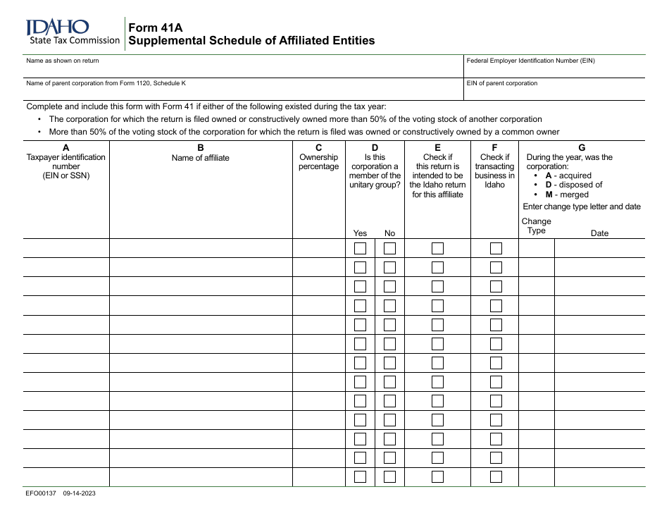 Form 41A (EFO00137) Supplemental Schedule of Affiliated Entities - Idaho, Page 1
