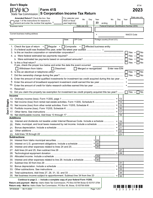 Form 41S (EFO00028) S Corporation Income Tax Return - Idaho, 2023