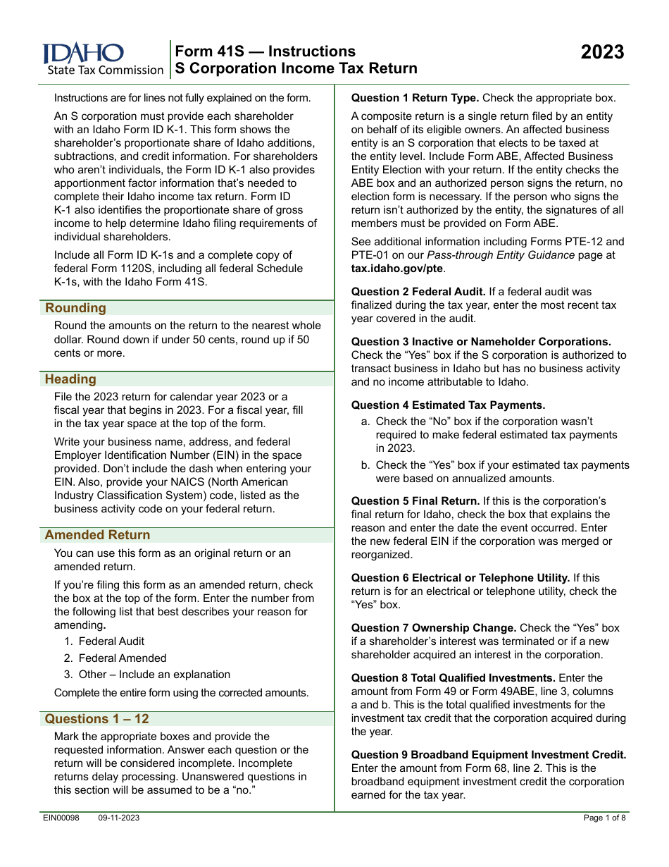 Form 41S (EFO00028) S Corporation Income Tax Return - Idaho, Page 3