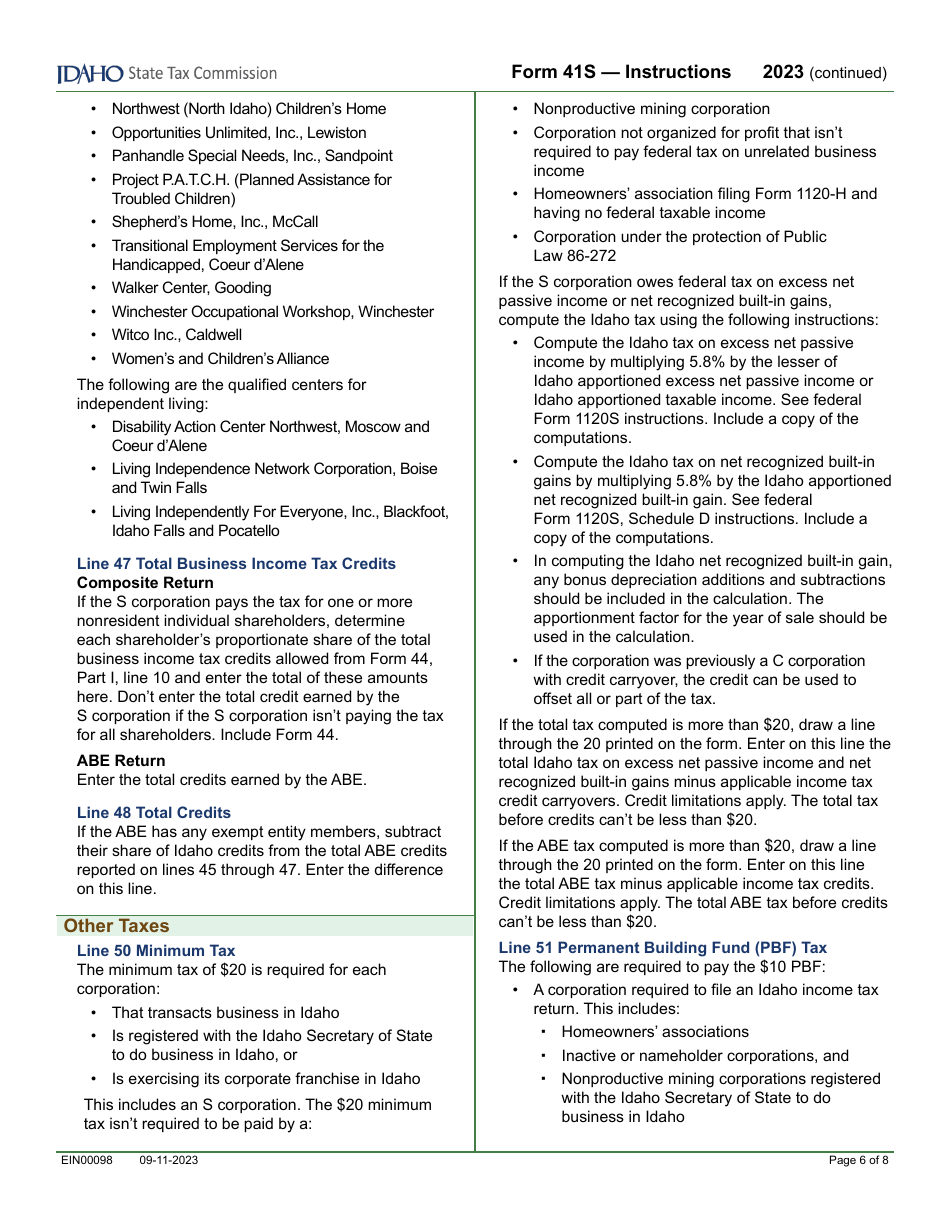 Form 41S (EFO00028) S Corporation Income Tax Return - Idaho, Page 8