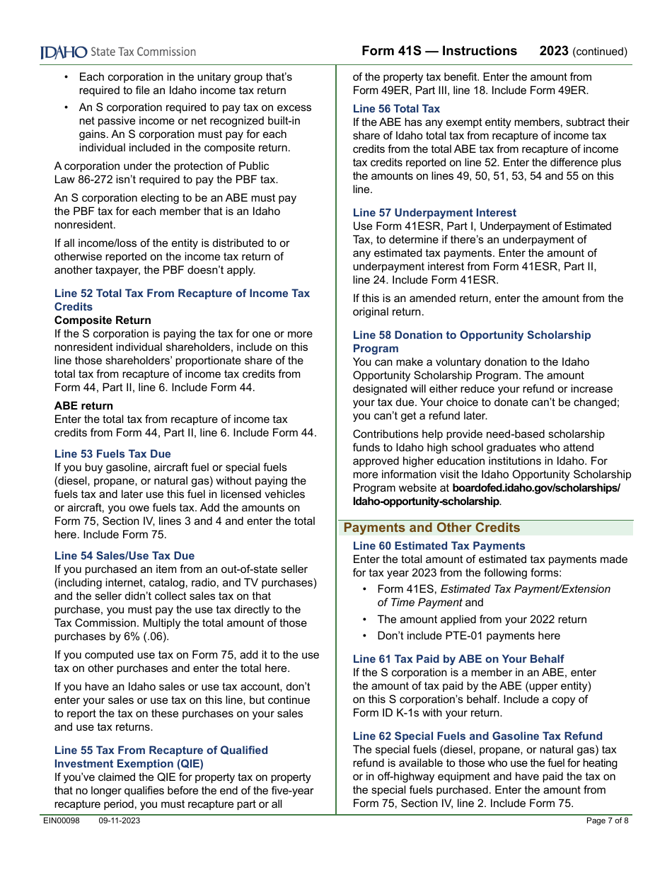Form 41S (EFO00028) S Corporation Income Tax Return - Idaho, Page 9