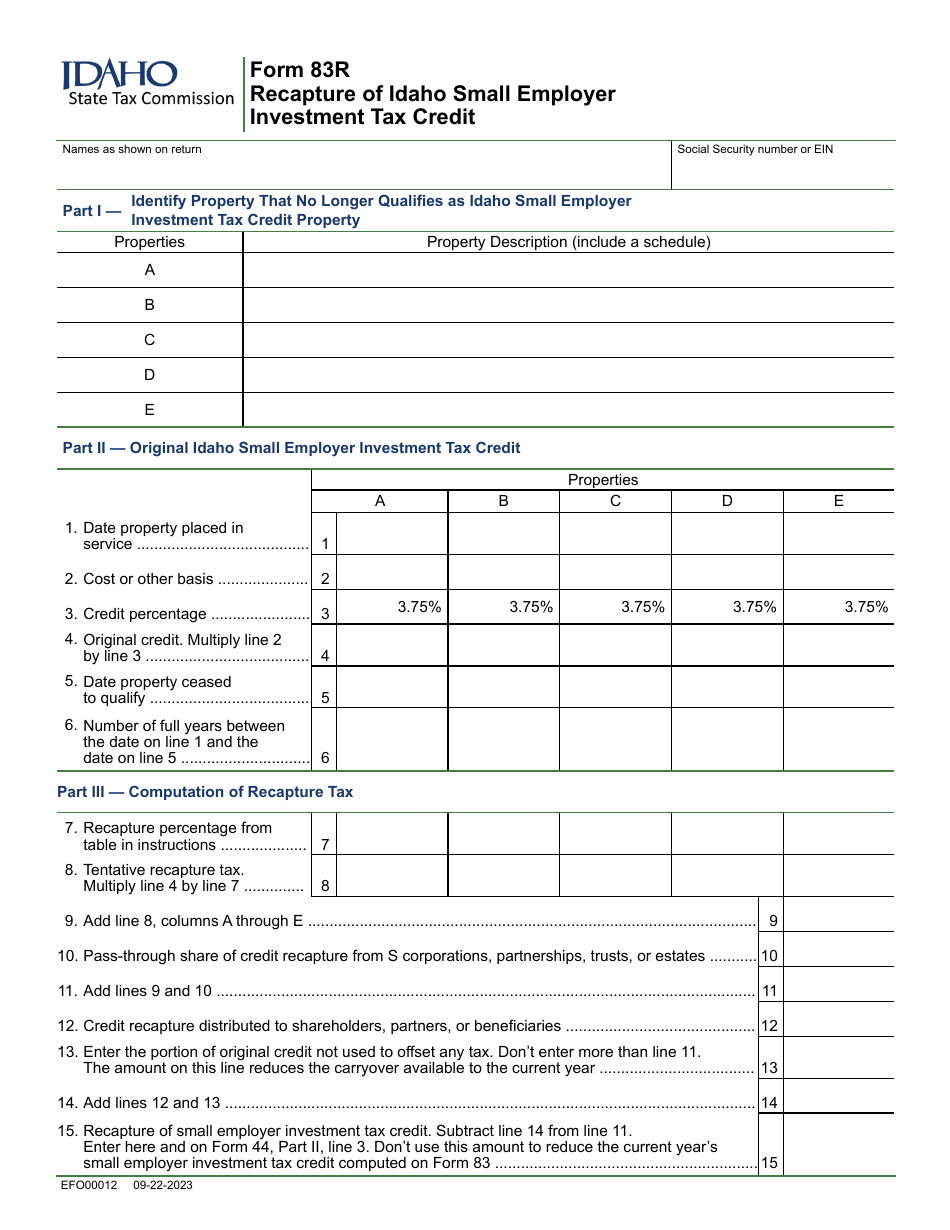 Form 83R (EFO00012) Recapture of Idaho Small Employer Investment Tax Credit - Idaho, Page 1