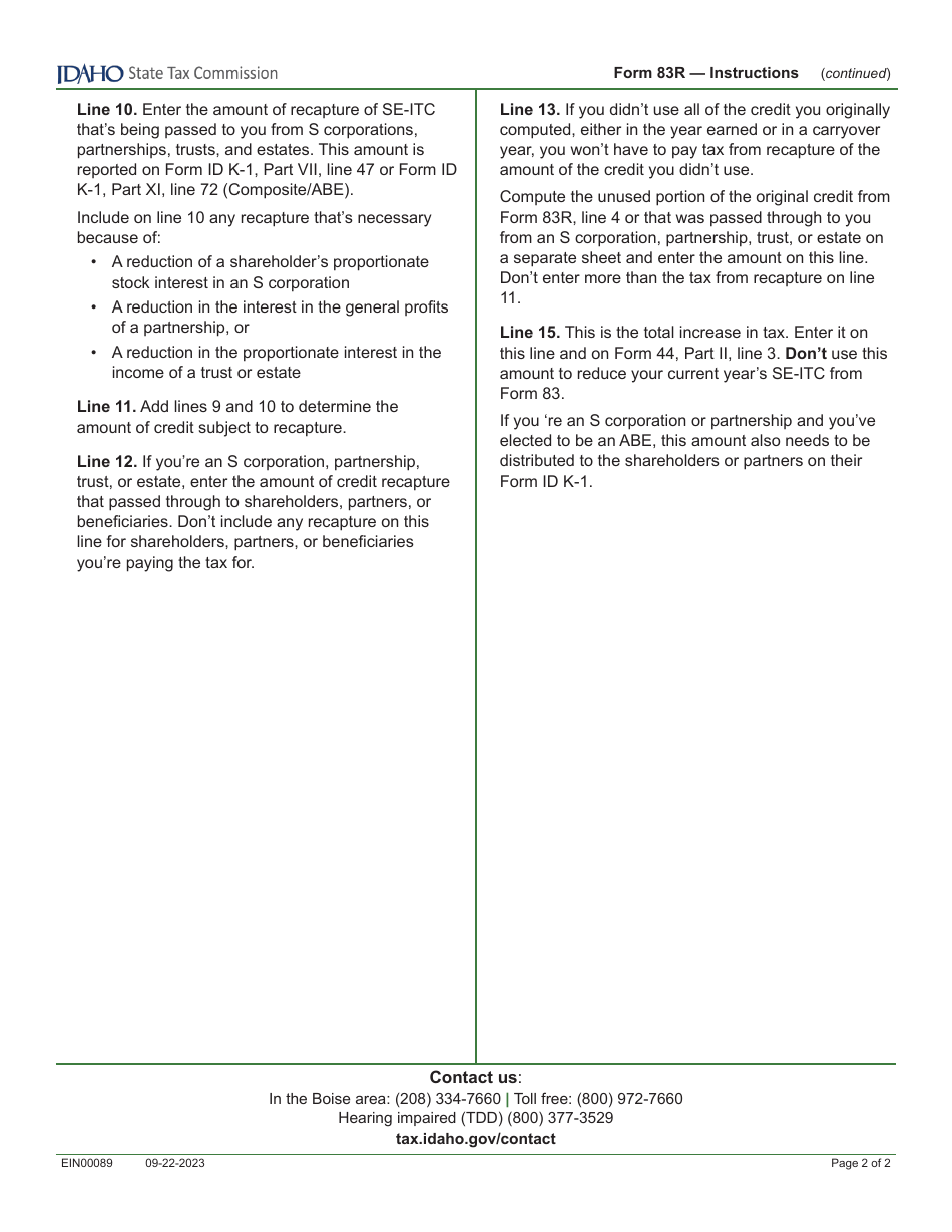 Form 83R (EFO00012) Recapture of Idaho Small Employer Investment Tax Credit - Idaho, Page 3
