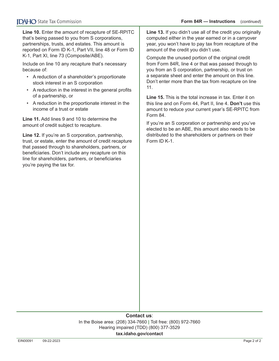 Form 84R (EFO00015) Recapture of Idaho Small Employer Real Property Improvement Tax Credit - Idaho, Page 3