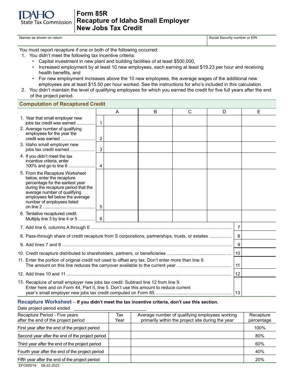 Form 85R (EFO00019) Recapture of Idaho Small Employer New Jobs Tax Credit - Idaho, Page 1