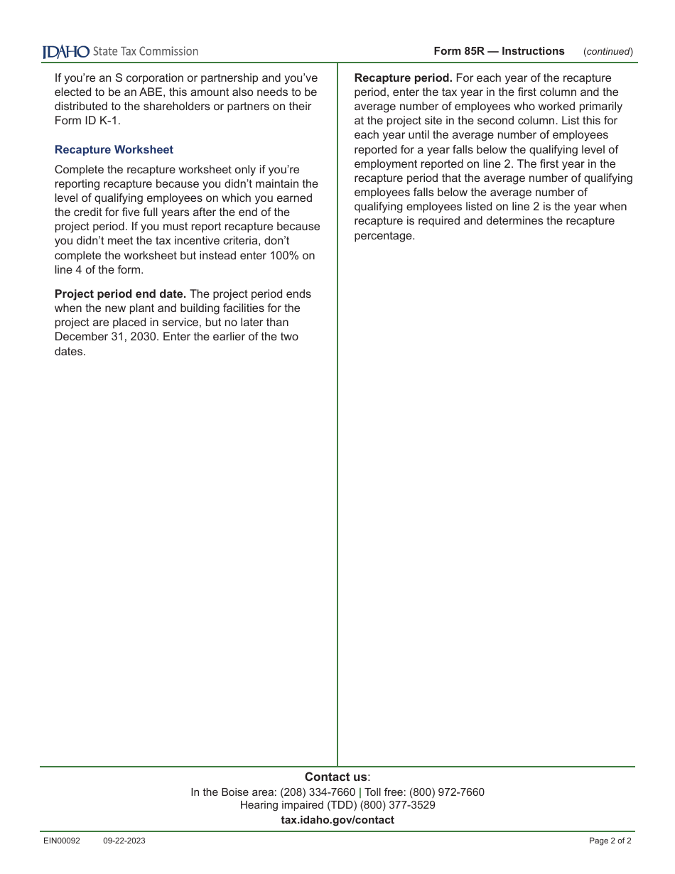 Form 85R (EFO00019) Recapture of Idaho Small Employer New Jobs Tax Credit - Idaho, Page 3