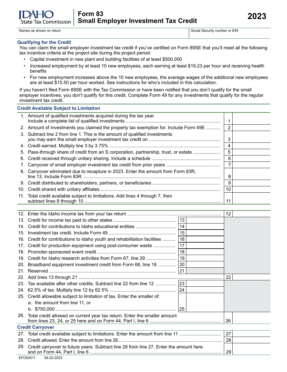 Form 83 (EFO00011) Small Employer Investment Tax Credit - Idaho, Page 1