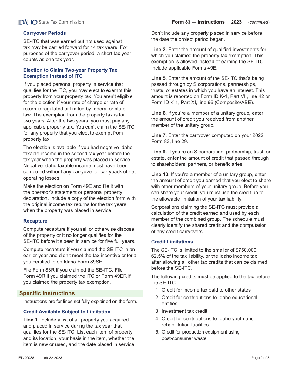 Form 83 (EFO00011) Small Employer Investment Tax Credit - Idaho, Page 3