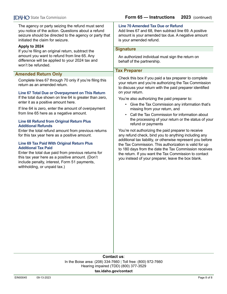 Form 65 (EFO00035) Partnership Return of Income - Idaho, Page 10