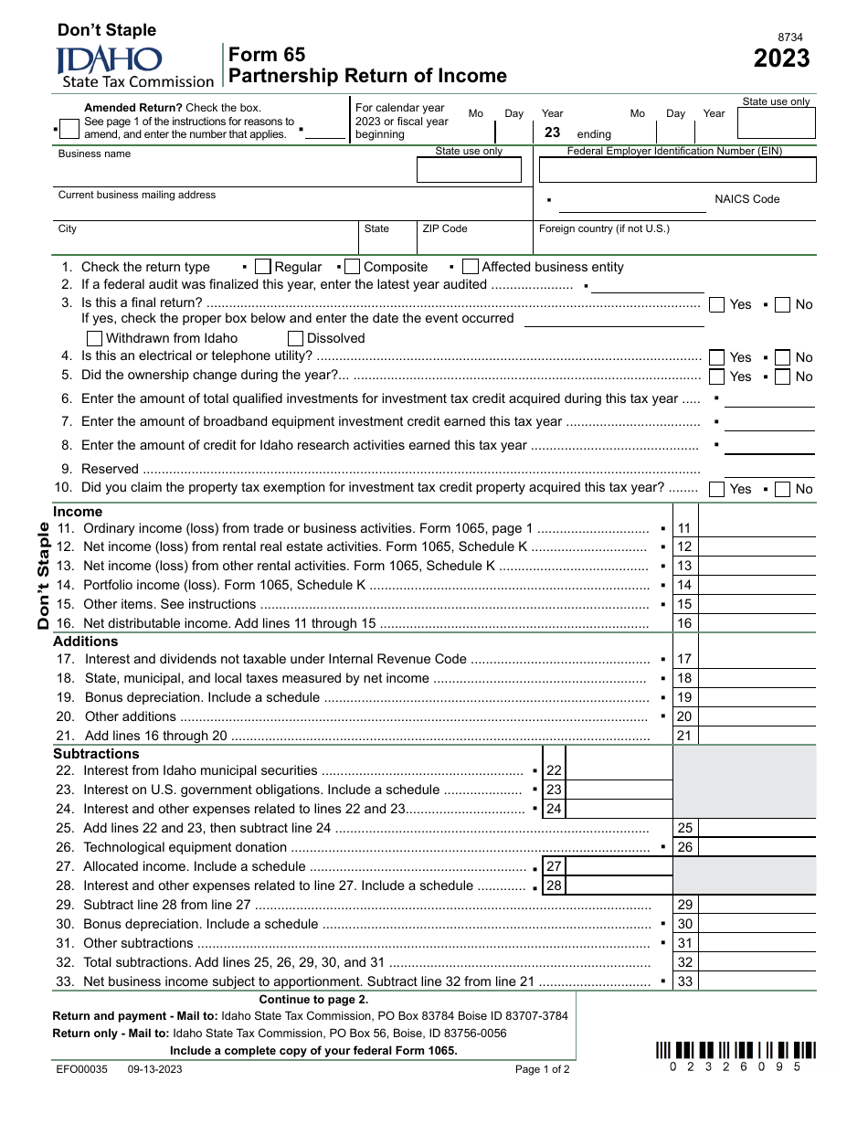 Form 65 (EFO00035) Partnership Return of Income - Idaho, Page 1