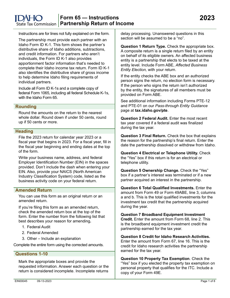 Form 65 (EFO00035) Partnership Return of Income - Idaho, Page 3
