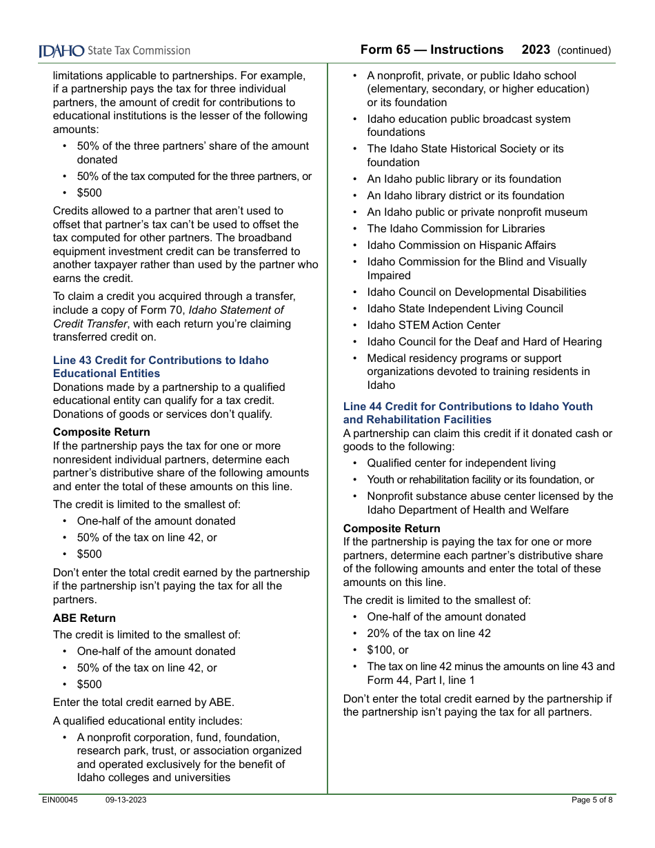 Form 65 (EFO00035) Partnership Return of Income - Idaho, Page 7