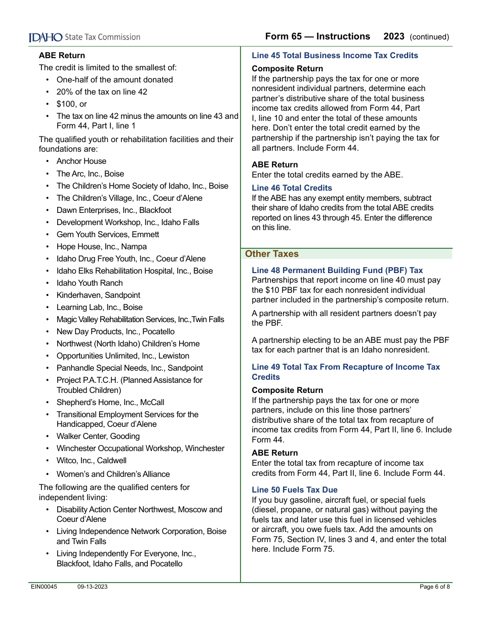 Form 65 (EFO00035) Partnership Return of Income - Idaho, Page 8