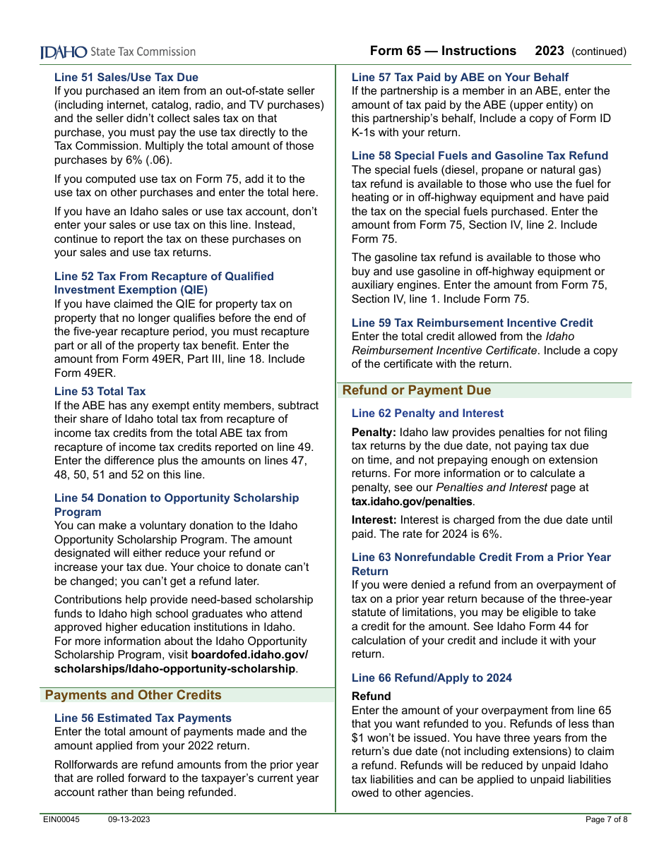 Form 65 (EFO00035) Partnership Return of Income - Idaho, Page 9